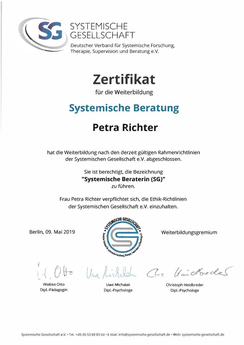 Zertifikat Systemische Beratung (SG) für Petra Richter