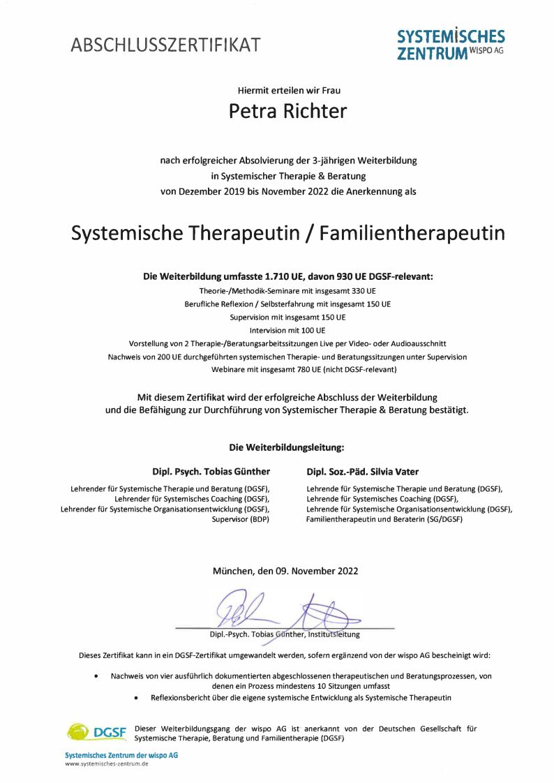 Abschlusszertifikat Systemische Therapeutin / Familientherapeutin für Petra Richter